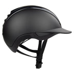 A matte black equestrian riding CASCO helmet with a visor and adjustable chin strap, shown from a three-quarters angle on a white background.