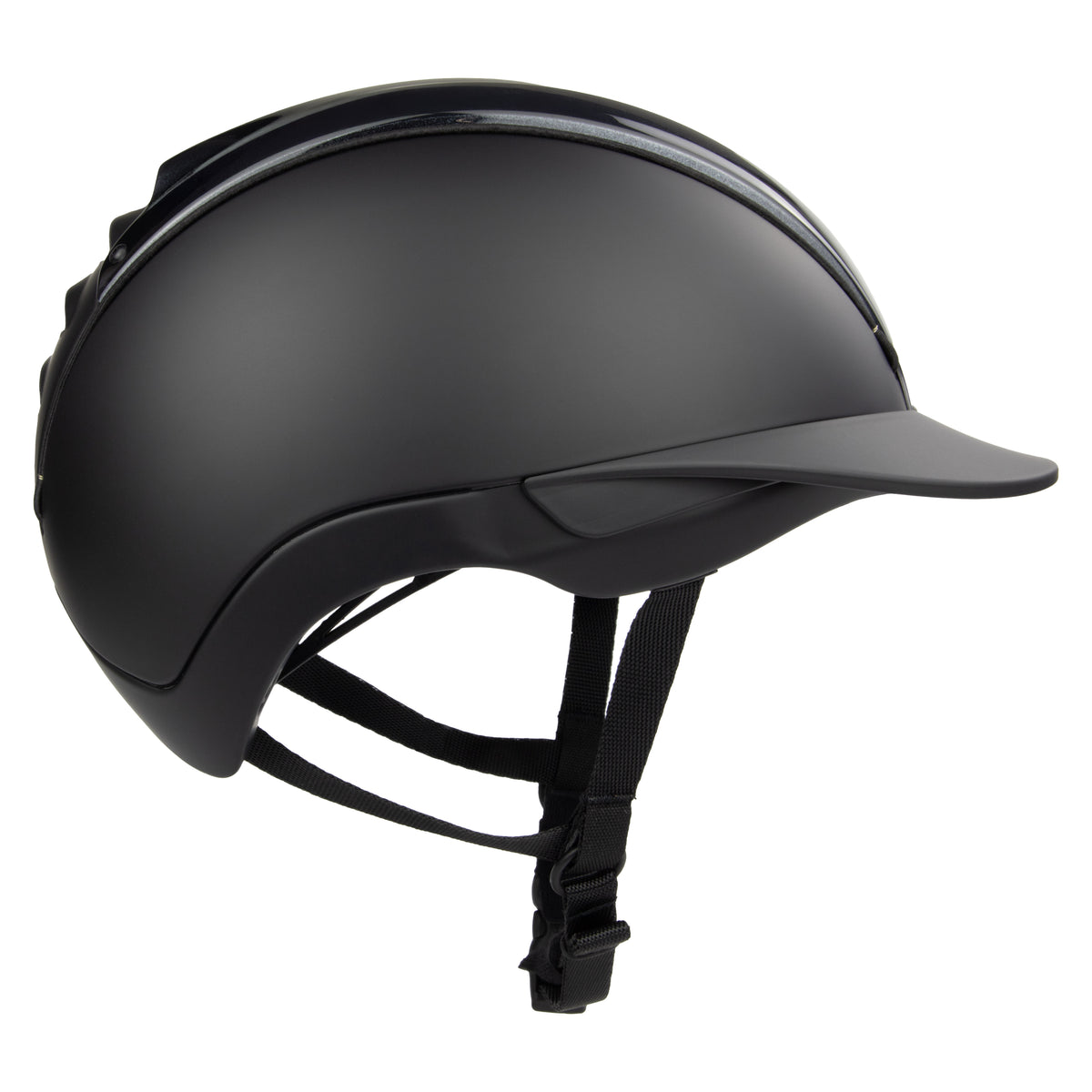 A matte black equestrian riding CASCO helmet with a visor and adjustable chin strap, shown from a three-quarters angle on a white background.