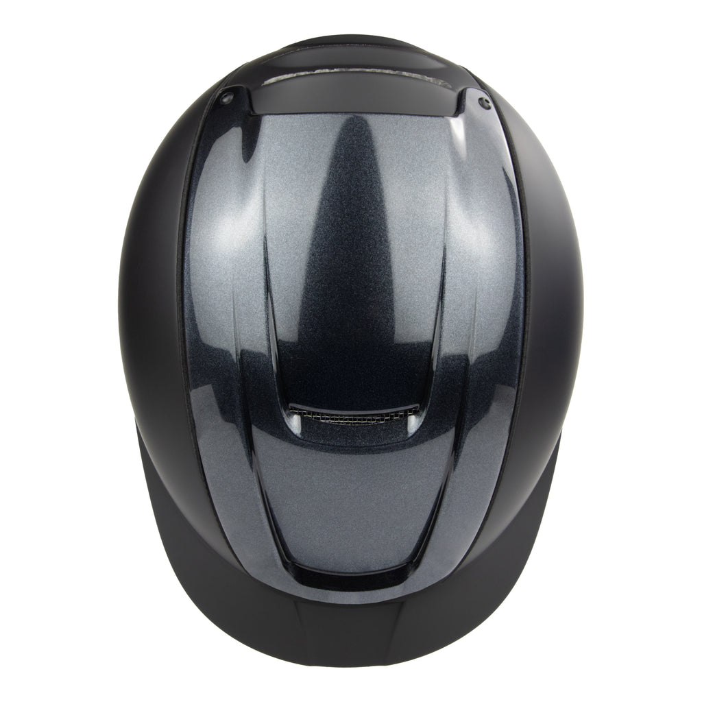 A glossy black equestrian riding CASCO  helmet shown from the rear, featuring a smooth, curved design and a dark tinted visor, set against a plain white background.