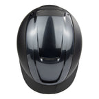 A glossy black equestrian riding CASCO  helmet shown from the rear, featuring a smooth, curved design and a dark tinted visor, set against a plain white background.