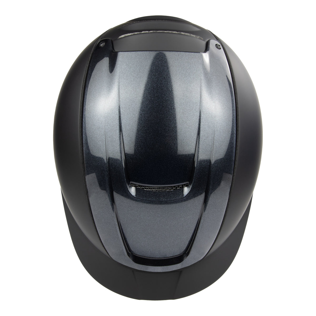 A glossy black equestrian riding CASCO  helmet shown from the rear, featuring a smooth, curved design and a dark tinted visor, set against a plain white background.