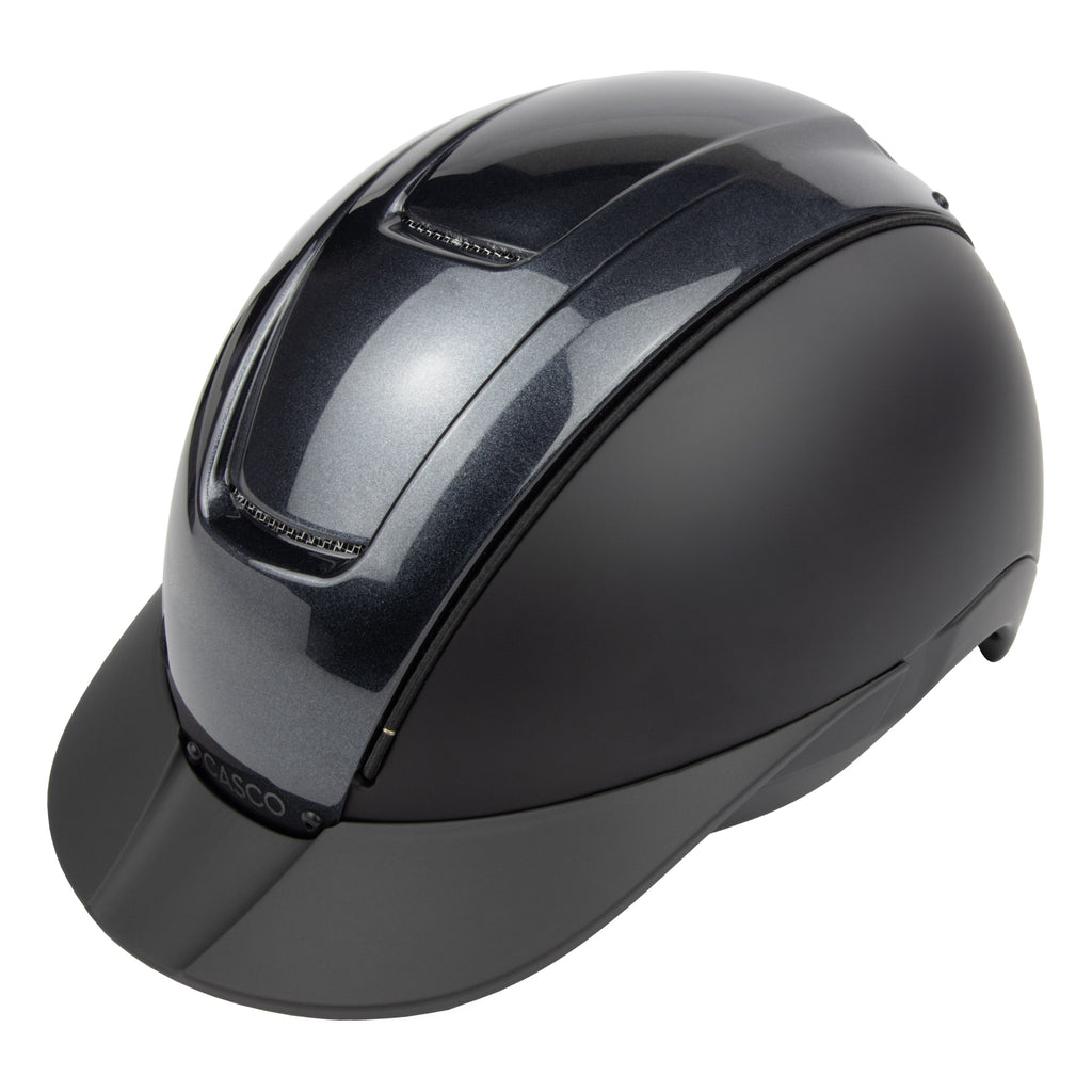 A glossy black equestrian riding CASCO helmet with a matching visor, shown from a three-quarters angle on a plain white background.