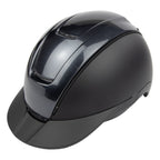 A glossy black equestrian riding CASCO helmet with a matching visor, shown from a three-quarters angle on a plain white background.