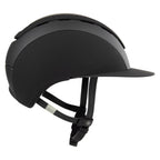 A matte black equestrian riding Casco helmet with a matching visor and black chin strap, shown from a three-quarters side profile on a white background.