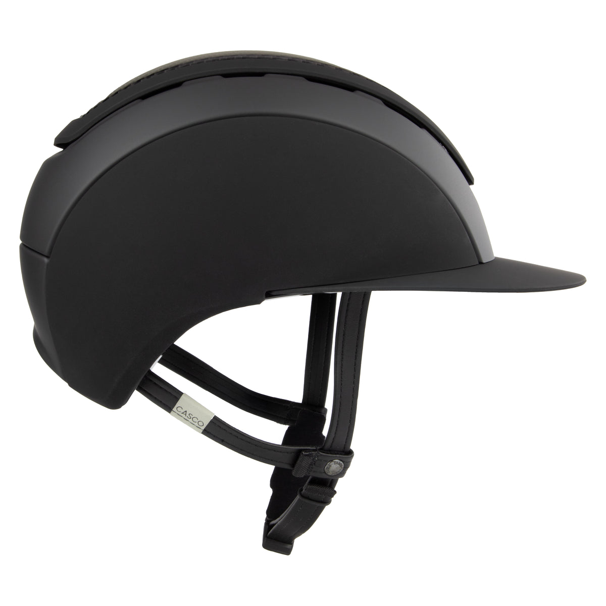 A matte black equestrian riding Casco helmet with a matching visor and black chin strap, shown from a three-quarters side profile on a white background.