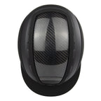 A matte black equestrian riding Casco helmet featuring a large, vertically oriented carbon fiber pattern visor on the front, shown against a solid white background.