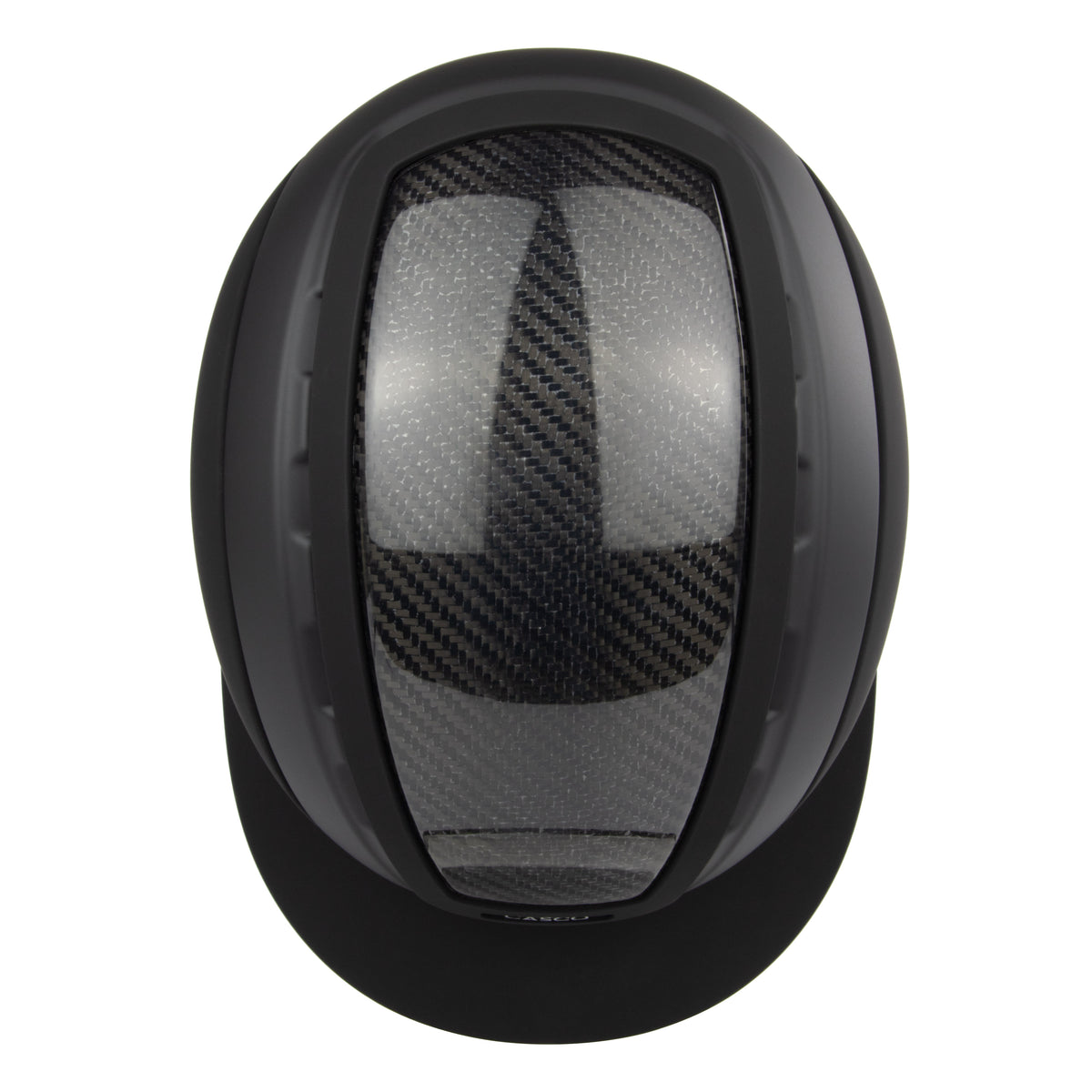 A matte black equestrian riding Casco helmet featuring a large, vertically oriented carbon fiber pattern visor on the front, shown against a solid white background.