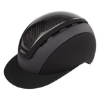 A matte black equestrian riding Casco helmet with a glossy carbon fiber pattern visor, featuring a small white CASCO brand logo on the side, set against a plain white background.