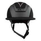 Front view of A black Casco equestrian riding helmet with a matching visor, matte finish, brushed nubuck leather with Swarovski crystals and adjustable chin strap, shown on a solid white background.