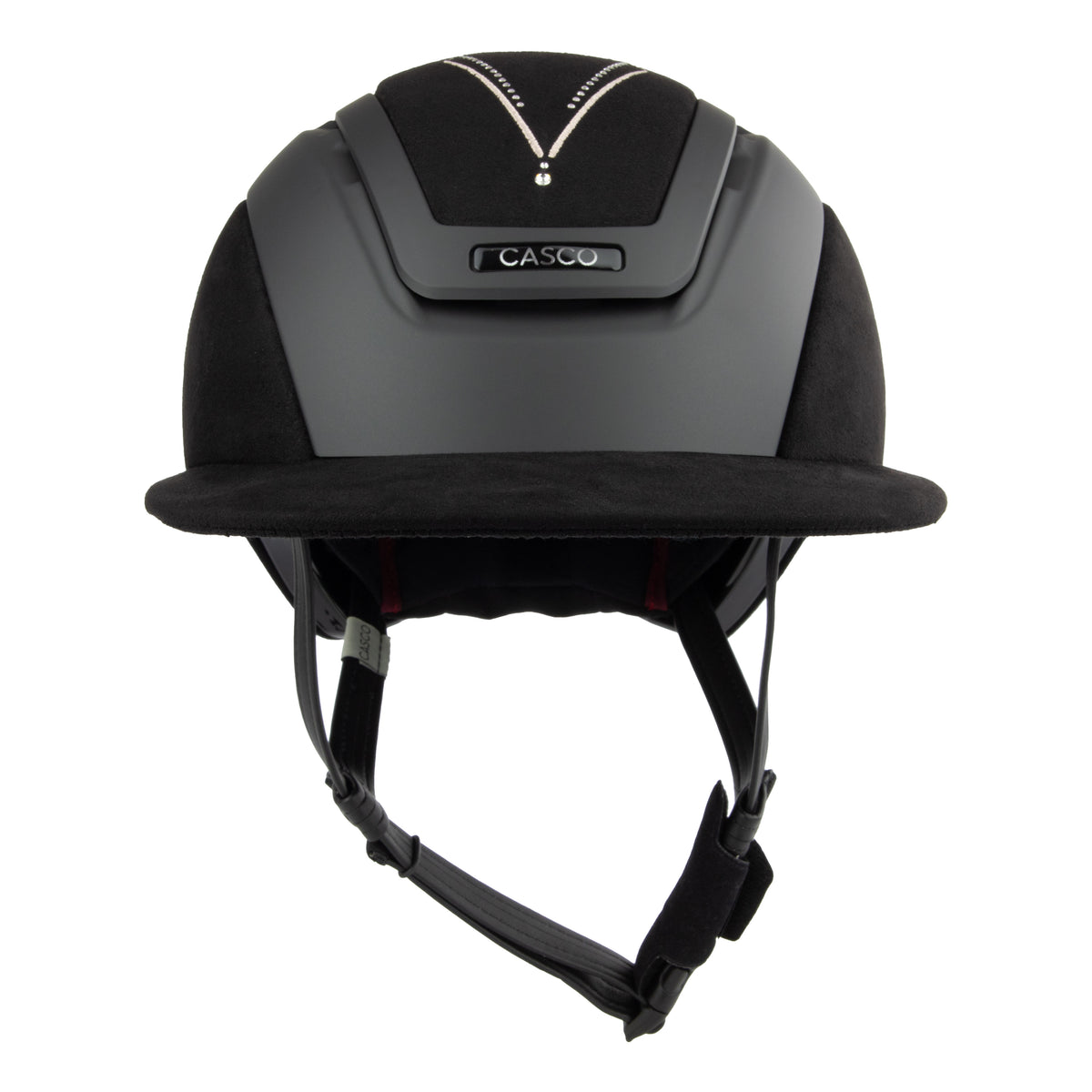 Front view of A black Casco equestrian riding helmet with a matching visor, matte finish, brushed nubuck leather with Swarovski crystals and adjustable chin strap, shown on a solid white background.
