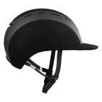 Side view of A black Casco equestrian riding helmet with a matching visor, matte finish, brushed nubuck leather with Swarovski crystals and adjustable chin strap, shown on a solid white background.