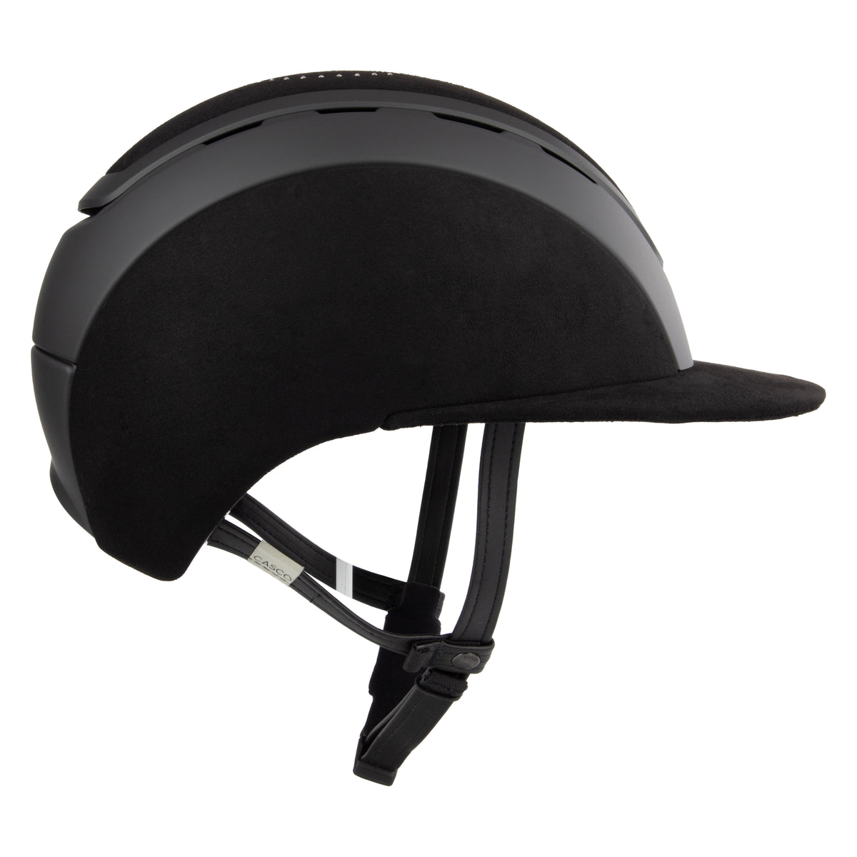 Side view of A black Casco equestrian riding helmet with a matching visor, matte finish, brushed nubuck leather with Swarovski crystals and adjustable chin strap, shown on a solid white background.