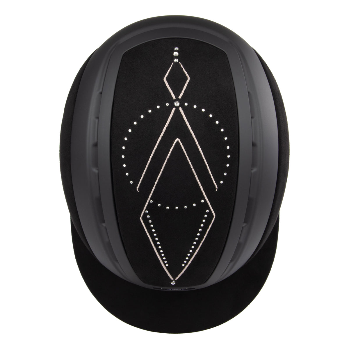 Top view of A black Casco equestrian riding helmet with a matching visor, matte finish, brushed nubuck leather with Swarovski crystals and adjustable chin strap, shown on a solid white background.