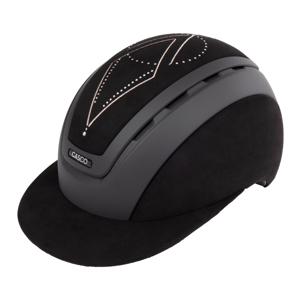 Front 3/4 view of A black Casco equestrian riding helmet with a matching visor, matte finish, brushed nubuck leather with Swarovski crystals and adjustable chin strap, shown on a solid white background.