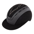 Front 3/4 view of A black Casco equestrian riding helmet with a matching visor, matte finish, brushed nubuck leather with Swarovski crystals and adjustable chin strap, shown on a solid white background.
