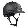 A matte black Casco equestrian riding helmet with a matching visor and adjustable chin straps, shown from a three-quarters angle on a white background.