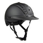 A matte black Casco equestrian riding helmet with a matching visor and adjustable chin straps, shown from a three-quarters angle on a white background.