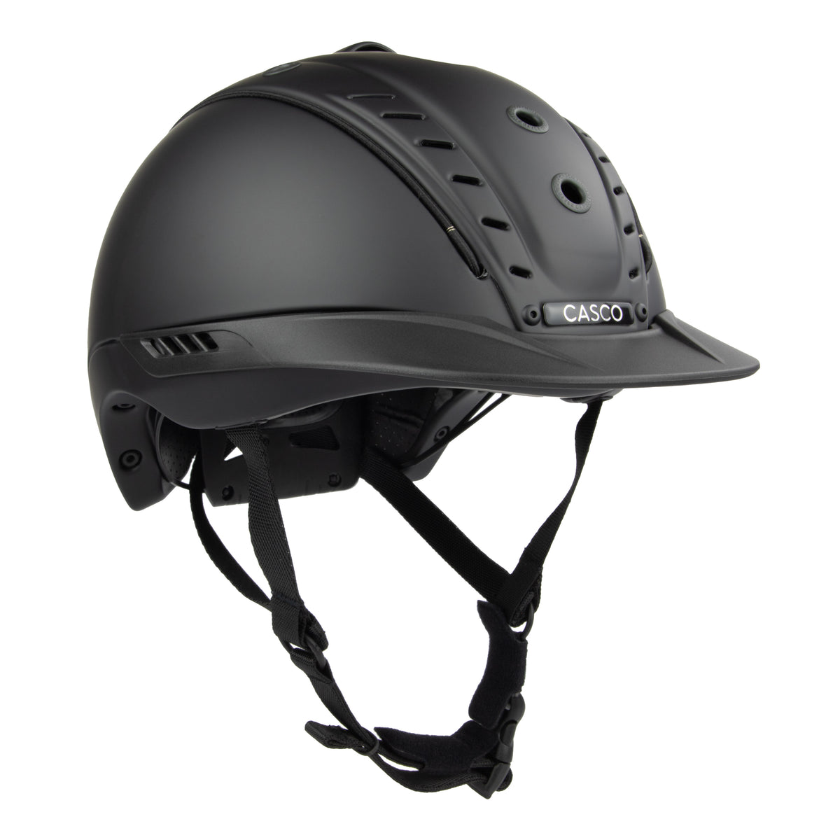 A matte black Casco equestrian riding helmet with a matching visor and adjustable chin straps, shown from a three-quarters angle on a white background.