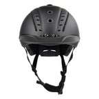 Matte black Casco equestrian riding helmet shown from the front, featuring the brand name 'CASCO' on a silver plate on the back, with black chin straps hanging below, set against a plain white background.