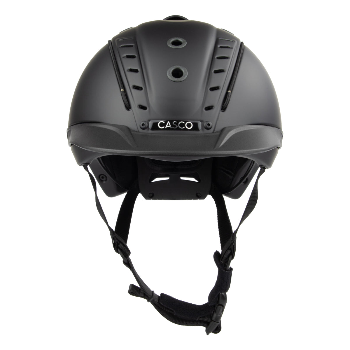 Matte black Casco equestrian riding helmet shown from the front, featuring the brand name 'CASCO' on a silver plate on the back, with black chin straps hanging below, set against a plain white background.