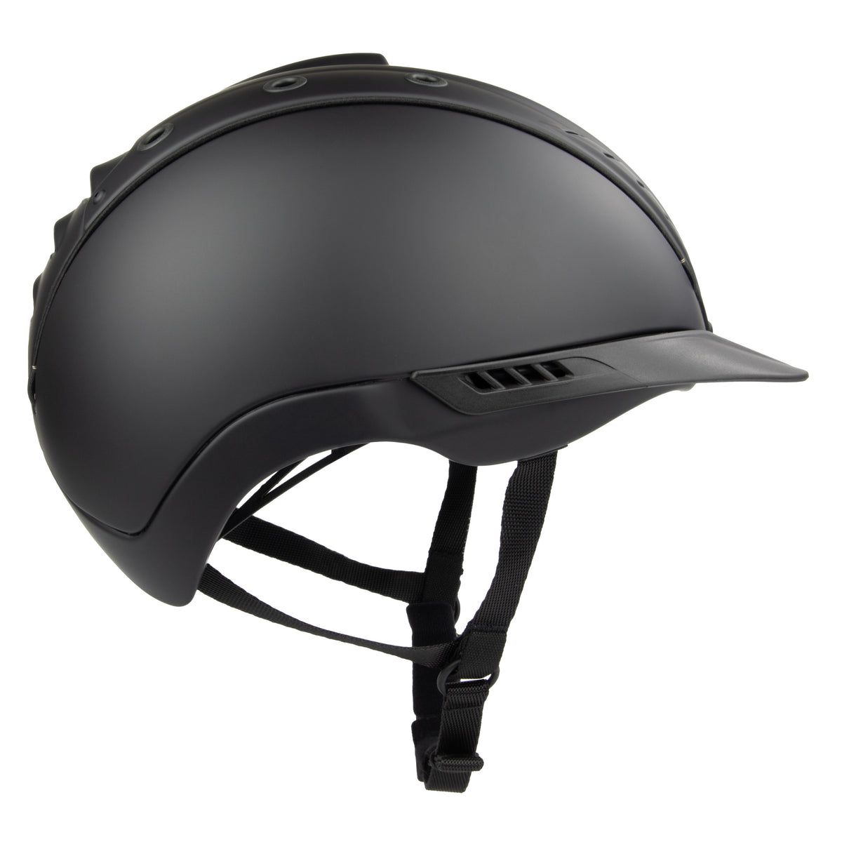 Matte black equestrian riding CASCO helmet with a visor and adjustable chin strap, shown from a side profile on a white background.