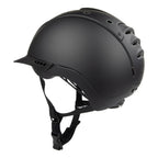 A matte black equestrian riding CASCO helmet with a visor and adjustable chin strap, shown from a three-quarters angle on a white background.