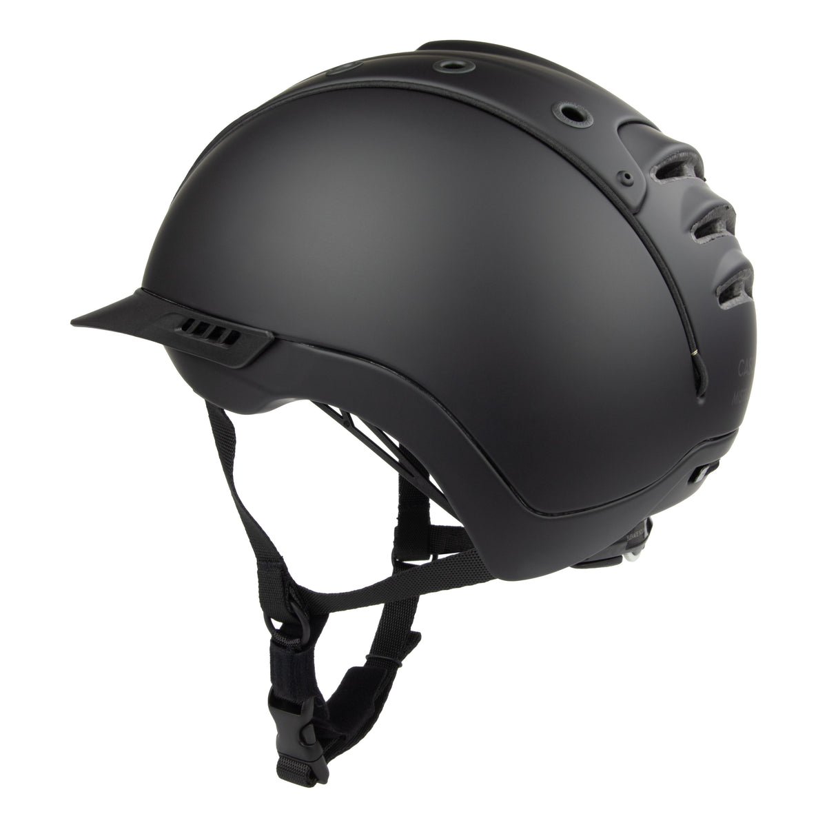 A matte black equestrian riding CASCO helmet with a visor and adjustable chin strap, shown from a three-quarters angle on a white background.