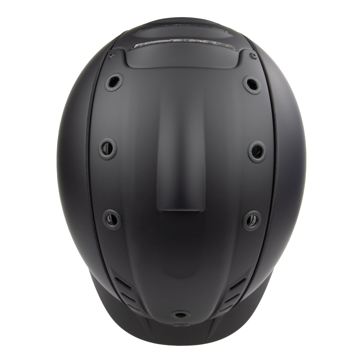 A matte black full-face equestrian riding CASCO helmet shown from the top view against a solid white background.