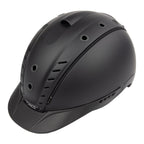 A matte black equestrian riding CASCO helmet with a visor, featuring multiple ventilation holes and a small white CASCO brand logo on the side, set against a plain white background.