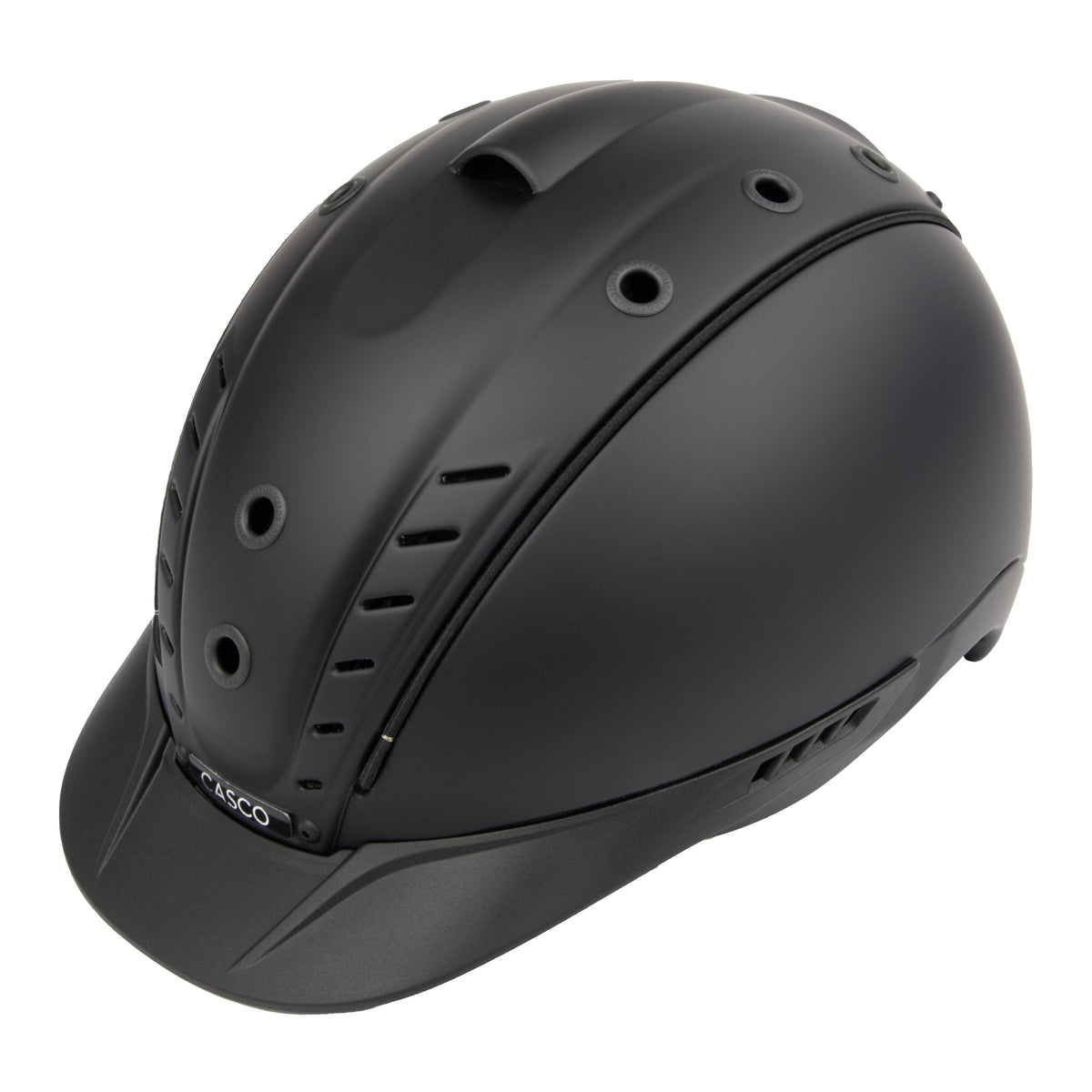 A matte black equestrian riding CASCO helmet with a visor, featuring multiple ventilation holes and a small white CASCO brand logo on the side, set against a plain white background.