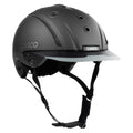 A matte black Casco equestrian helmet with a matching visor and black chin straps, shown from a three-quarters angle on a white background.