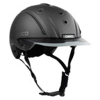 A matte black Casco equestrian helmet with a matching visor and black chin straps, shown from a three-quarters angle on a white background.