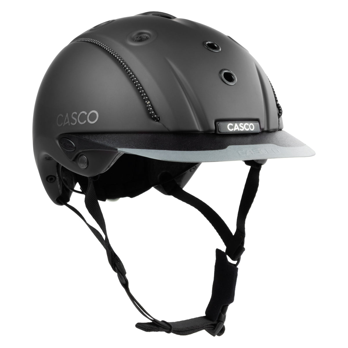 A matte black Casco equestrian helmet with a matching visor and black chin straps, shown from a three-quarters angle on a white background.