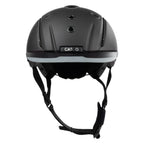 A matte black Casio equestrian helmet shown from the rear, featuring a light gray reflective stripe and the brand name 'CASIO' printed on the back, set against a plain white background.