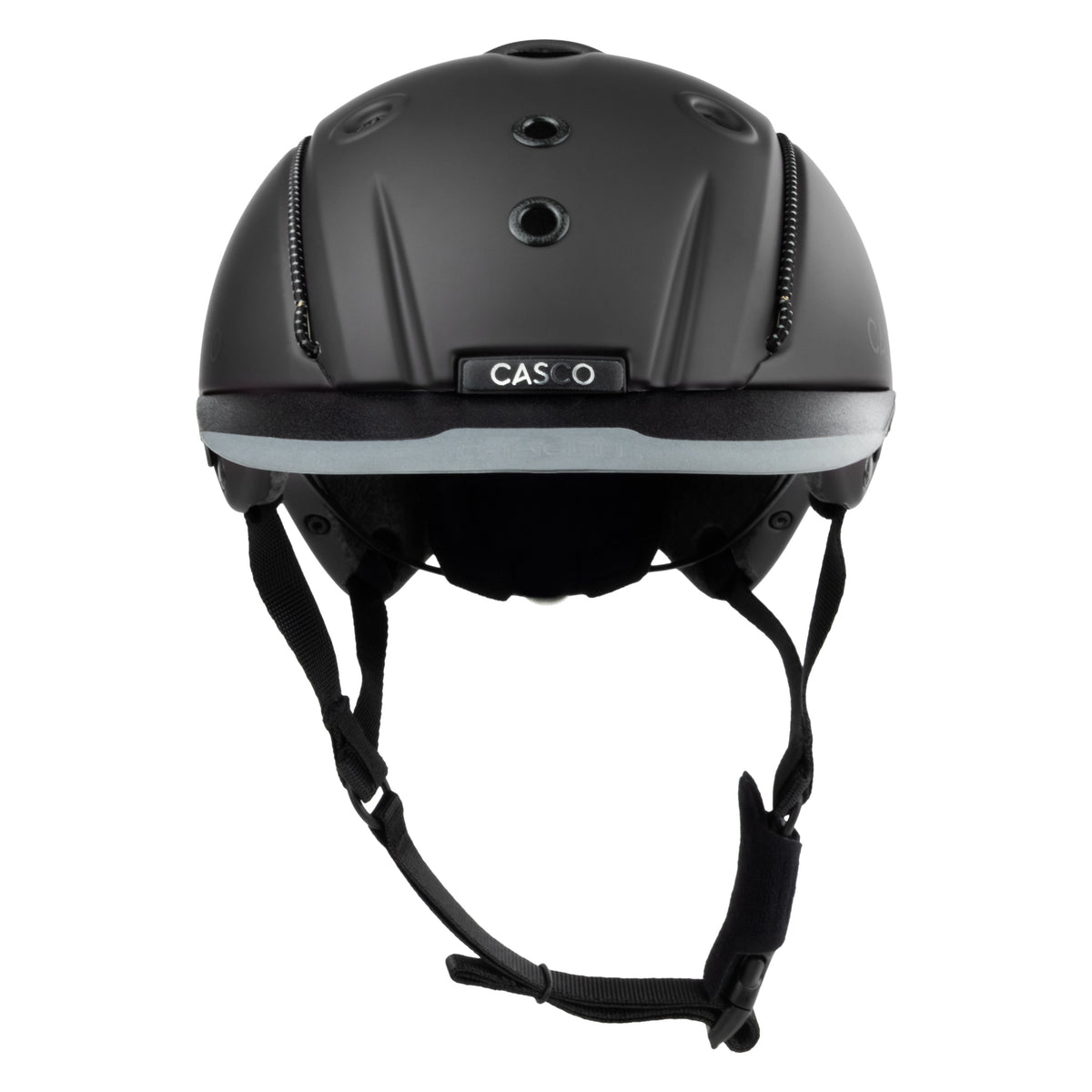 A matte black Casio equestrian helmet shown from the rear, featuring a light gray reflective stripe and the brand name 'CASIO' printed on the back, set against a plain white background.