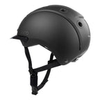 A matte black Casco equestrian helmet with a matching black chin strap, shown from a three-quarters angle against a solid white background.
