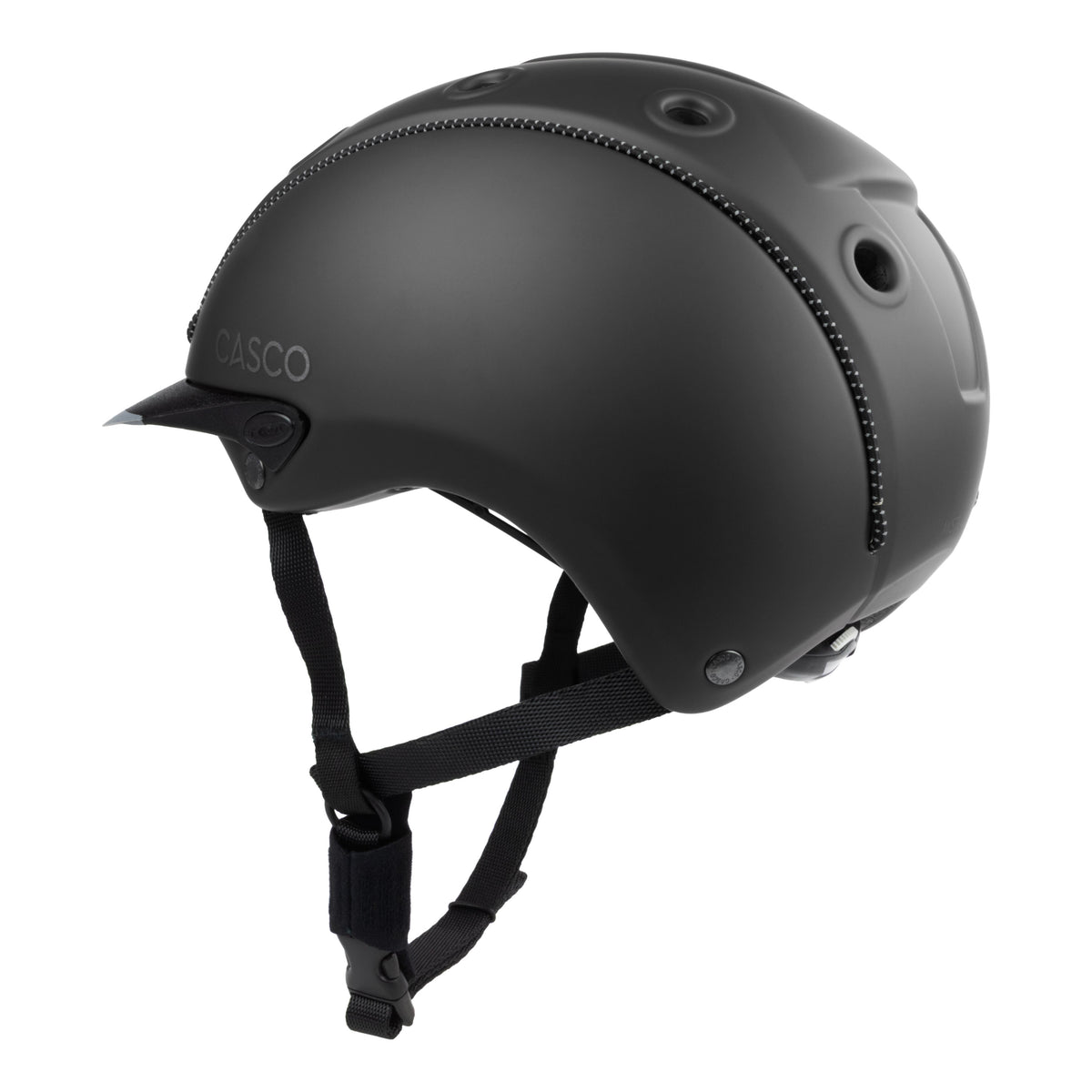 A matte black Casco equestrian helmet with a matching black chin strap, shown from a three-quarters angle against a solid white background.