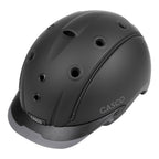 A matte black CASCO equestrian helmet with multiple ventilation holes, a chin guard, and a gray under-visor, shown on a solid white background.