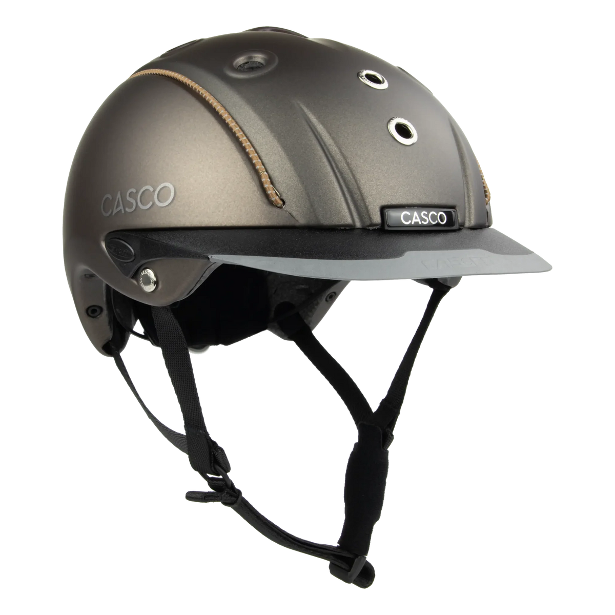 3/4 front view A matte brown equestrian riding Casco helmet with a matching visor, black chin straps, and subtle tan stitching details, shown on a plain white background.