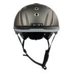 front view A matte brown equestrian riding Casco helmet with a matching visor, black chin straps, and subtle tan stitching details, shown on a plain white background.