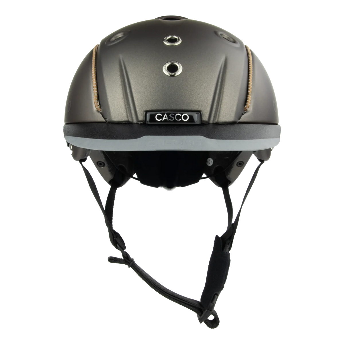 front view A matte brown equestrian riding Casco helmet with a matching visor, black chin straps, and subtle tan stitching details, shown on a plain white background.