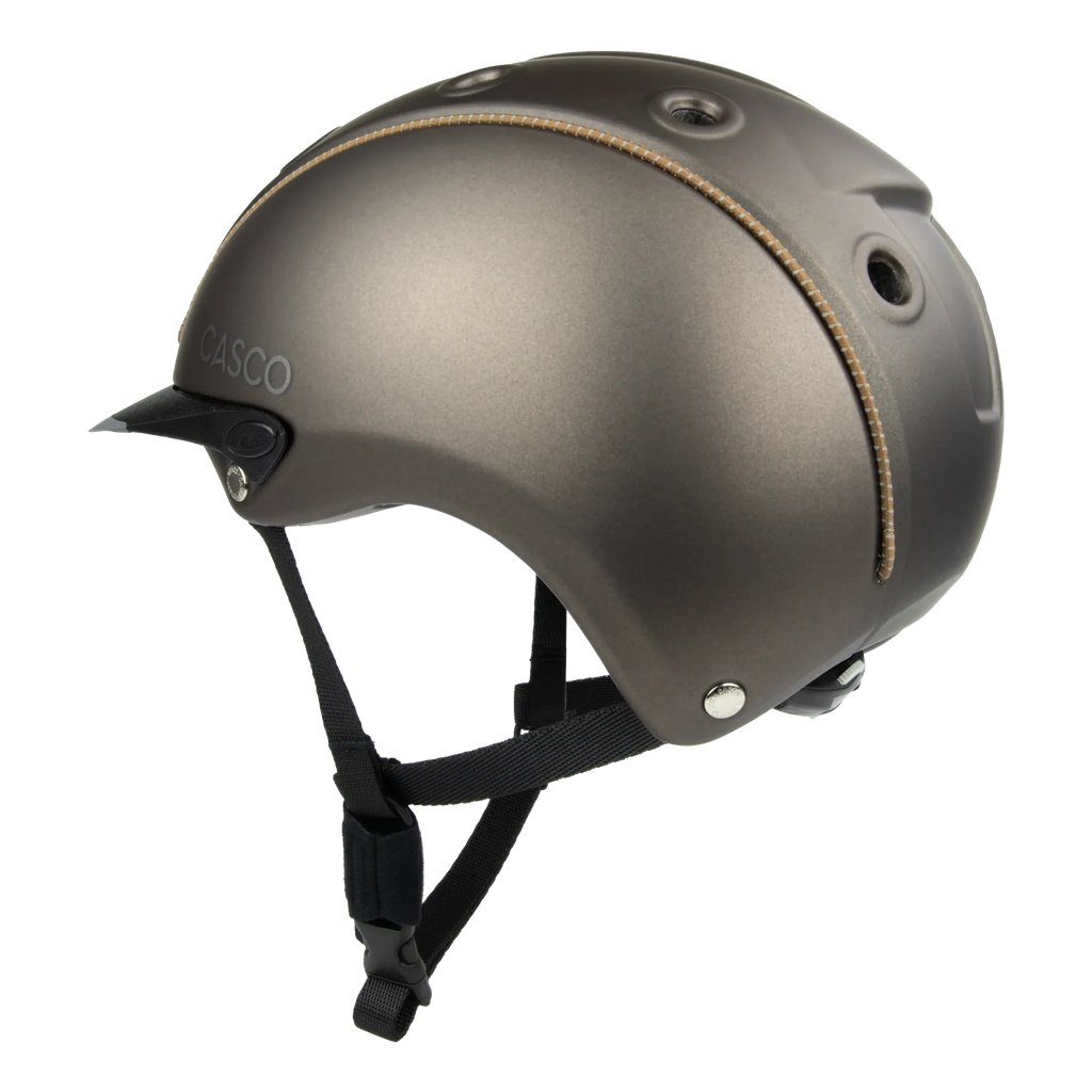 Side view A matte brown equestrian riding Casco helmet with a matching visor, black chin straps, and subtle tan stitching details, shown on a plain white background.