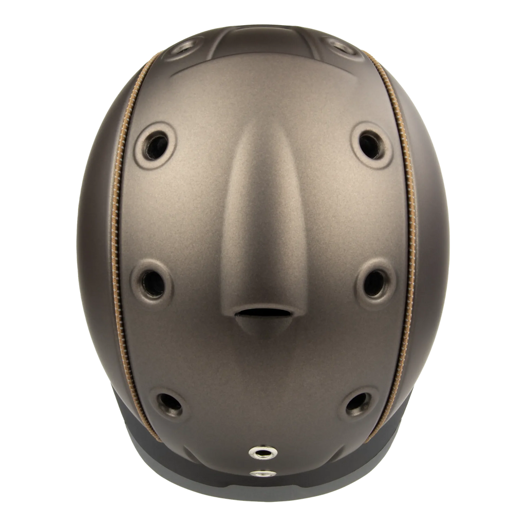 Top view A matte brown equestrian riding Casco helmet with a matching visor, black chin straps, and subtle tan stitching details, shown on a plain white background.