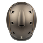 Top view A matte brown equestrian riding Casco helmet with a matching visor, black chin straps, and subtle tan stitching details, shown on a plain white background.