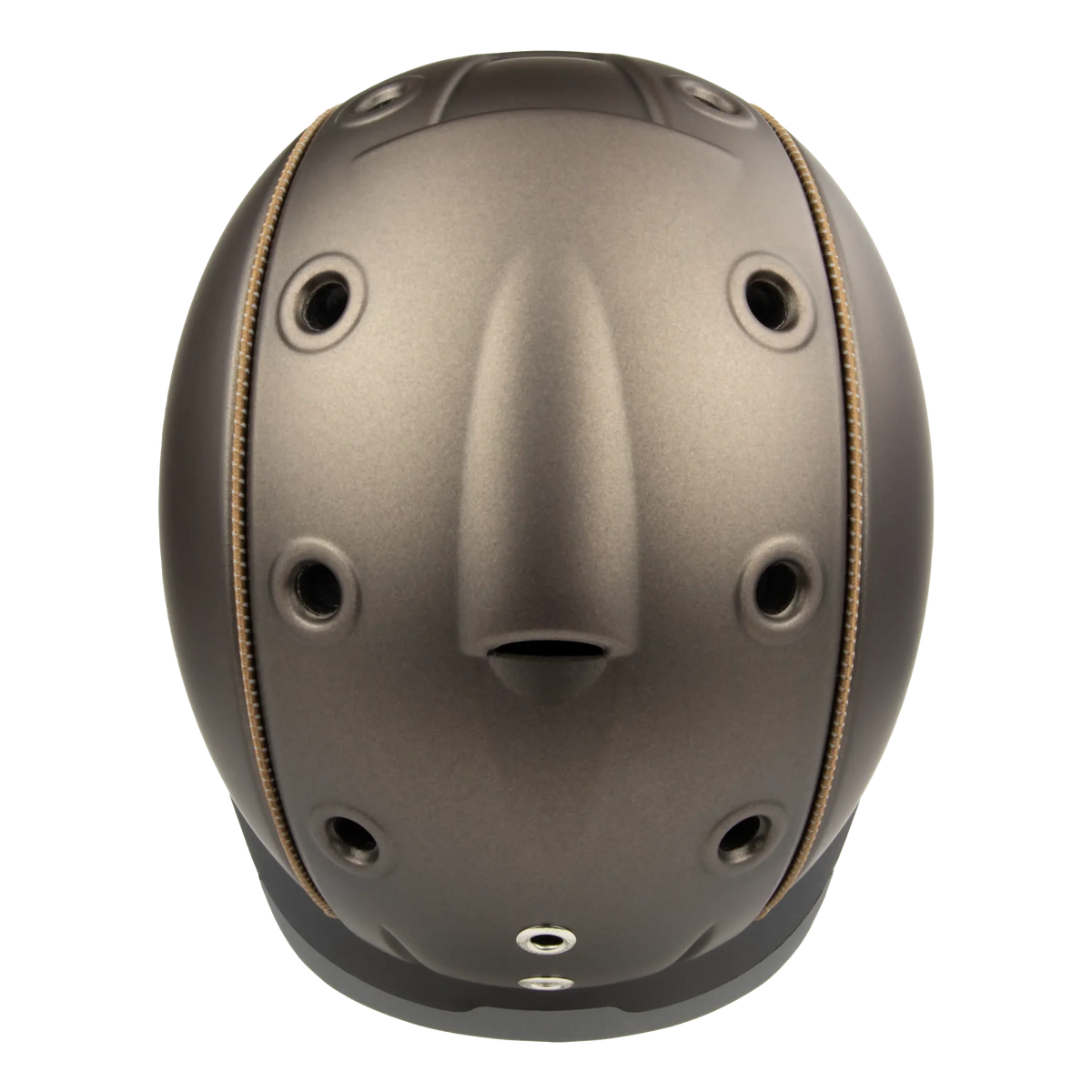 Top view A matte brown equestrian riding Casco helmet with a matching visor, black chin straps, and subtle tan stitching details, shown on a plain white background.