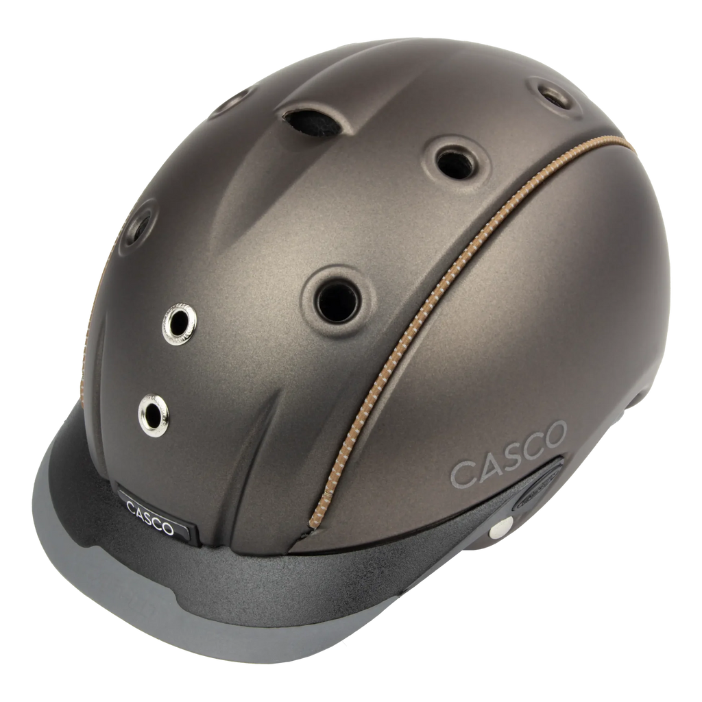 front view A matte brown equestrian riding Casco helmet with a matching visor, and subtle tan stitching details, shown on a plain white background.
