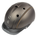 front view A matte brown equestrian riding Casco helmet with a matching visor, and subtle tan stitching details, shown on a plain white background.