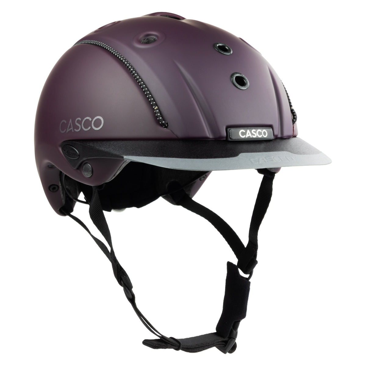A matte dark purple Casco equestrian riding helmet with a matching visor and black chin straps, shown from a three-quarters angle on a white background.