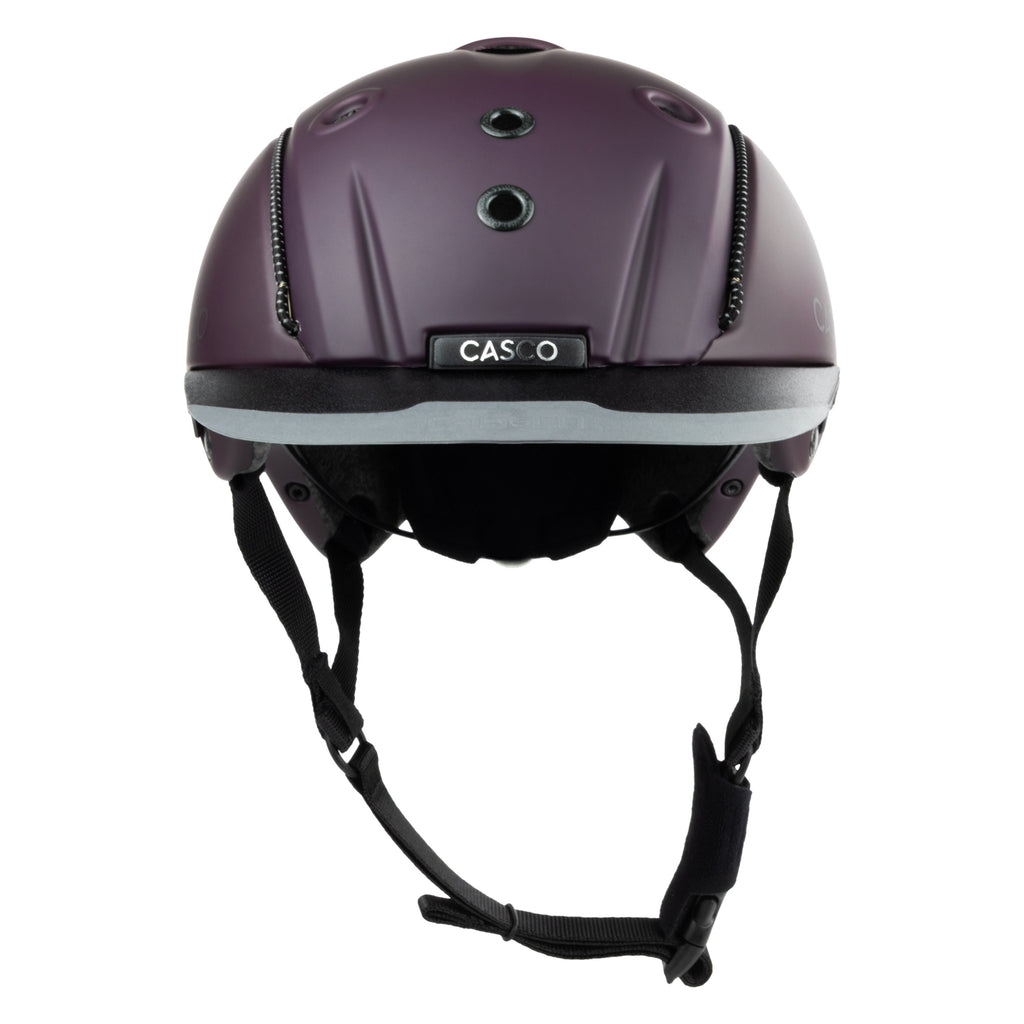 A matte dark purple Casco equestrian riding helmet with a matching visor and black chin straps, shown from a front view on a white background.