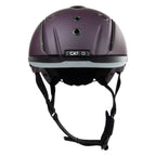 A matte dark purple Casco equestrian riding helmet with a matching visor and black chin straps, shown from a front view on a white background.